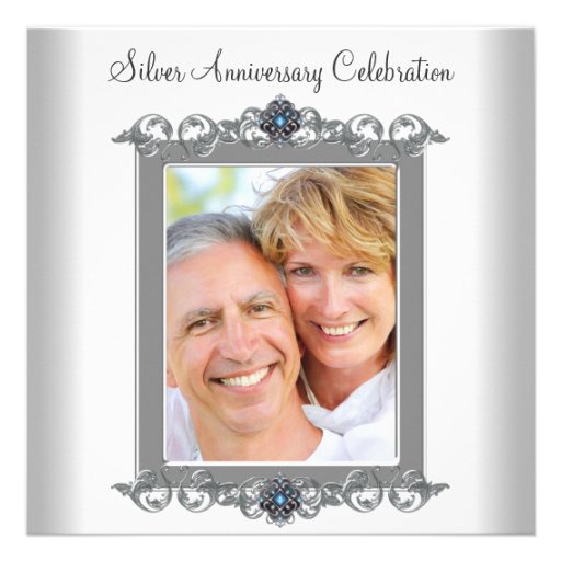 Teal Blue Photo Silver 25th Anniversary Party Custom Announcements