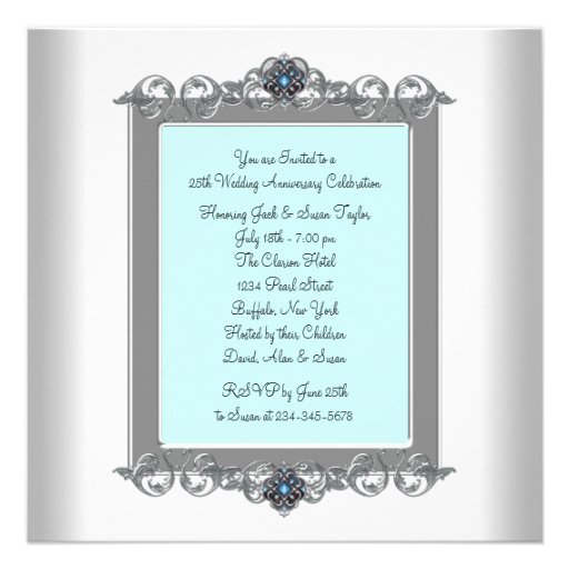 Teal Blue Photo Silver 25th Anniversary Party Custom Announcements