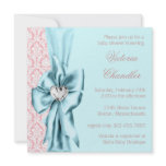 Teal Blue Pink Damask Bow Elegant Baby Girl Shower Announcements