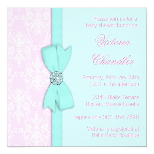 Teal Blue Pink Damask Bow Elegant Baby Girl Shower Custom Announcements (front side)