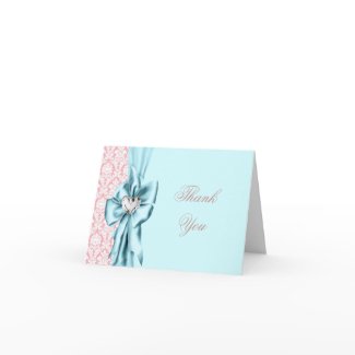 Teal Blue Pink Damask Thank You Cards card