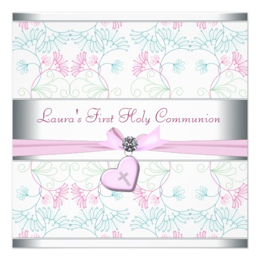 Teal Blue Pink Heart White Pink Cross First Commun Personalized Invites