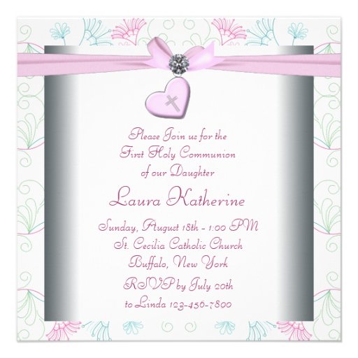 Teal Blue Pink Heart White Pink Cross First Commun Personalized Invites