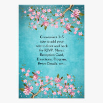 Teal Blue Pink Japanese Cherry Blossoms Wedding invitations
