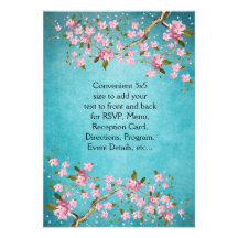 Teal Blue Pink Japanese Cherry Blossoms Wedding Personalized Announcements