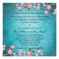 Teal Blue Pink Japanese Cherry Blossoms Wedding Personalized Announcements