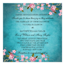 Teal Blue Pink Japanese Cherry Blossoms Wedding Personalized Announcements