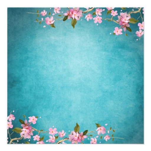 Teal Blue Pink Japanese Cherry Blossoms Wedding Personalized Announcements