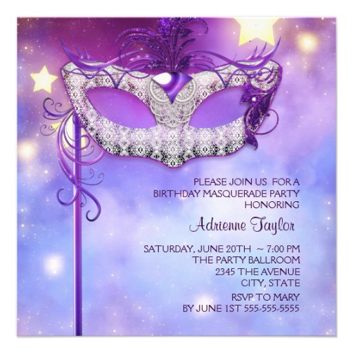 Teal Blue Pink Purple Masquerade Party Personalized Announcement