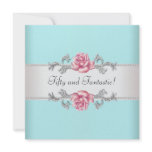 Teal Blue Pink Roses Womans 50th Birthday Party invitations
