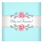 Teal Blue Pink Roses Womans 50th Birthday Party Invite
