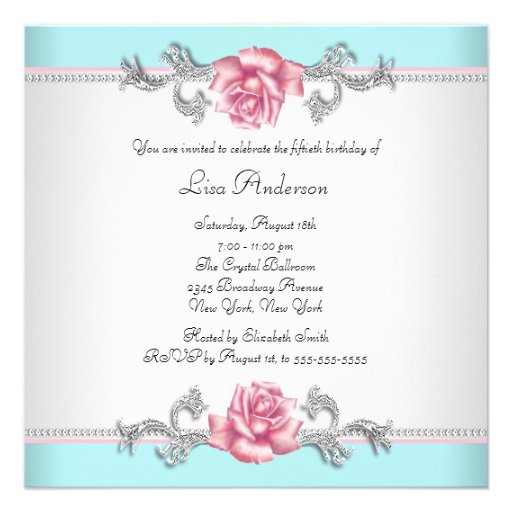 Teal Blue Pink Roses Womans 50th Birthday Party Invite