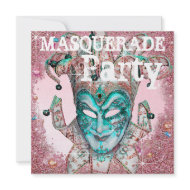 Teal Blue Pink Sparkle Mask Masquerade Party invitation