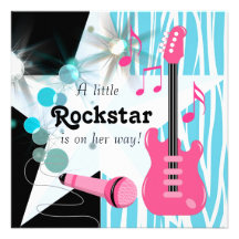 Teal Blue Pink Zebra Rockstar Baby Girl Shower Custom Invitations