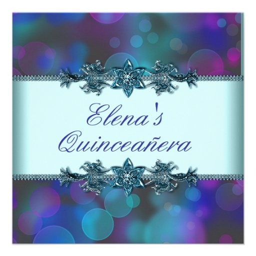 Teal Blue Purple Bubbles Quinceanera Personalized Invites (front side)