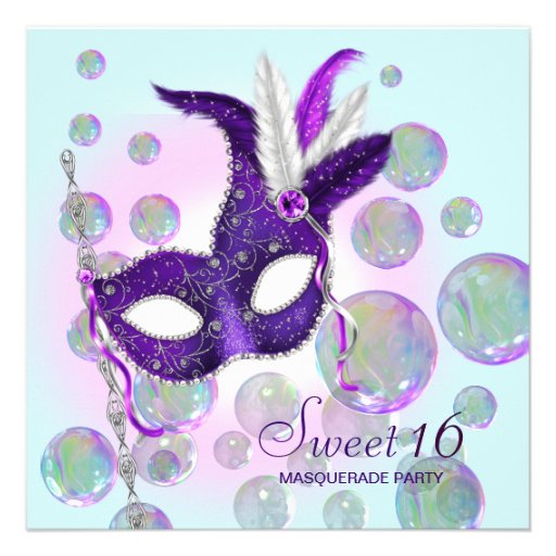 Teal Blue Purple Bubbles Sweet Sixteen Masquerade Invitation