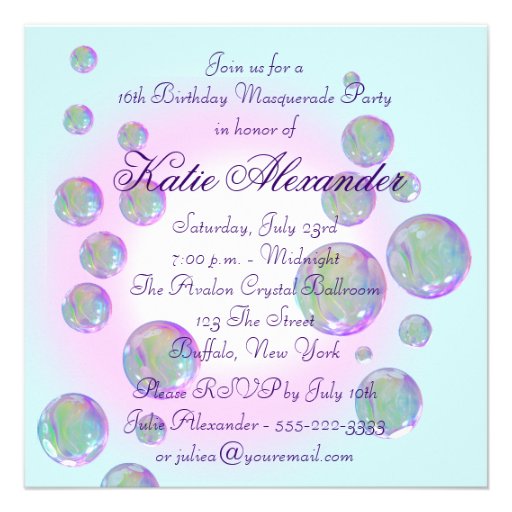 Teal Blue Purple Bubbles Sweet Sixteen Masquerade Invitation