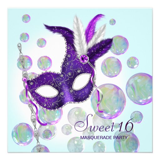 Teal Blue Purple Bubbles Sweet Sixteen Masquerade Announcement (front side)