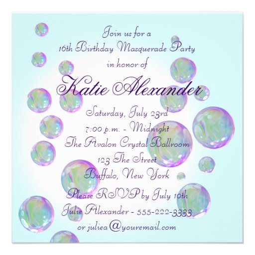 Teal Blue Purple Bubbles Sweet Sixteen Masquerade Announcement