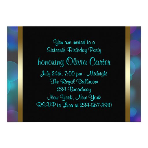 Teal Blue Purple Sweet Sixteen Birthday Party Custom Announcement