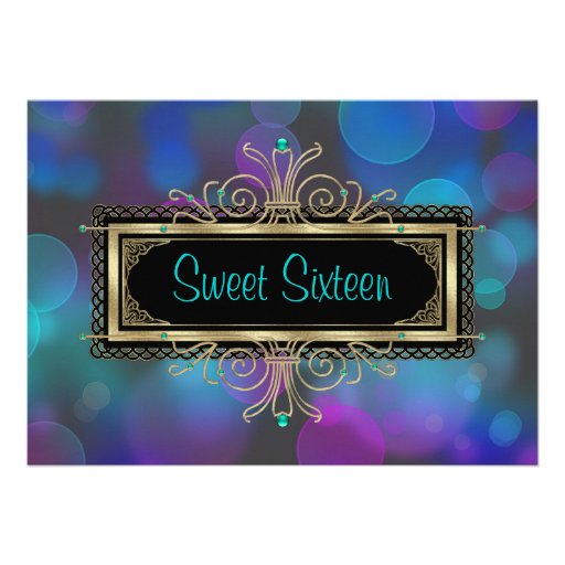 Teal Blue Purple Sweet Sixteen Birthday Party Custom Announcement