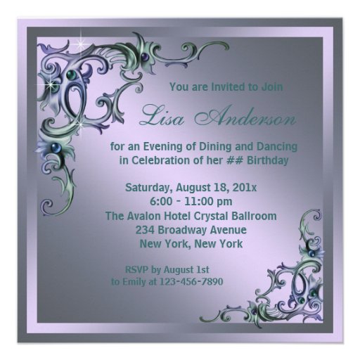 Teal Blue Purple Womans Any Number Birthday Party Invites