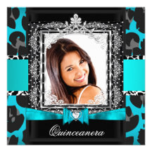 Teal Blue Quinceanera 15th Party Photo Custom Announcement