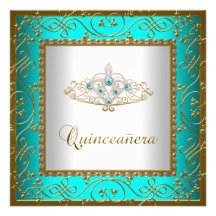 Teal Blue Quinceanera Gold Tiara Custom Announcements