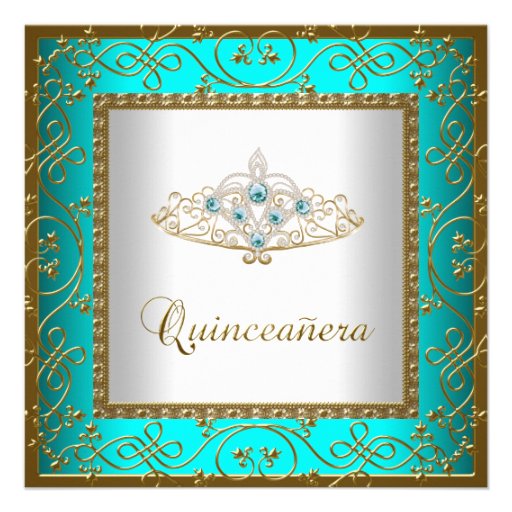 Teal Blue Quinceanera Gold Tiara Custom Announcements