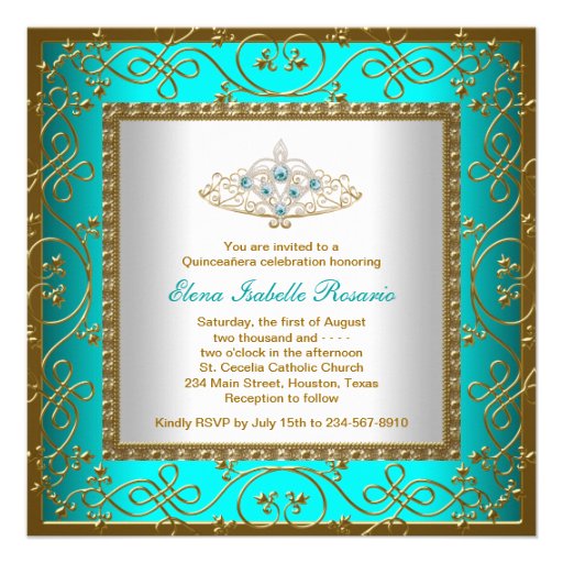 Teal Blue Quinceanera Gold Tiara Custom Announcements