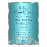Teal Blue Silver Floral Swirl Sweet 16 Invitation
