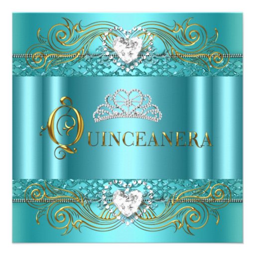 Teal Blue Silver Gold Quinceanera Birthday Party Custom Invitations (front side)