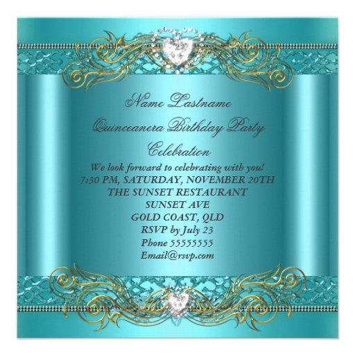 Teal Blue Silver Gold Quinceanera Birthday Party Custom Invitations