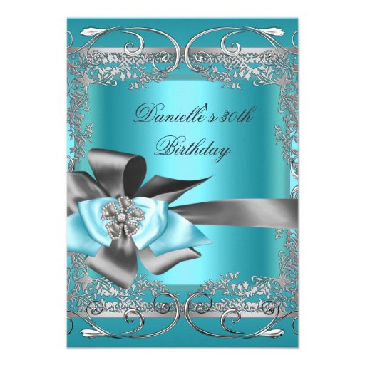 Teal Blue Silver Gray Birthday Party 30th Invite