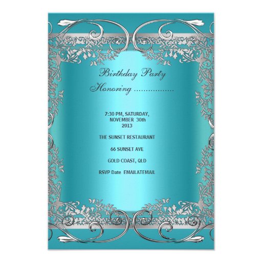 Teal Blue Silver Gray Birthday Party 30th Invite
