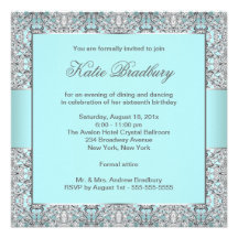 Teal Blue Silver Lace Classy Sweet Sixteen Party Invitation