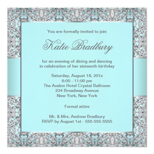 Teal Blue Silver Lace Classy Sweet Sixteen Party Invitation