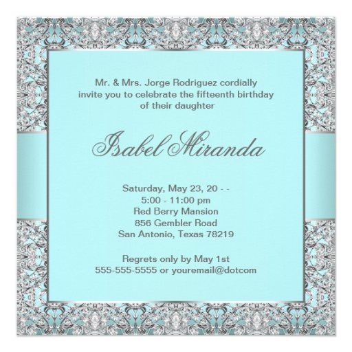 Teal Blue Silver Lace Quinceanera Personalized Invite