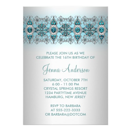 Teal Blue Silver Lace Sweet Sixteen Invitation