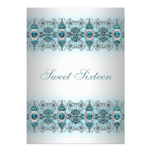 Teal Blue Silver Lace Sweet Sixteen Invitation