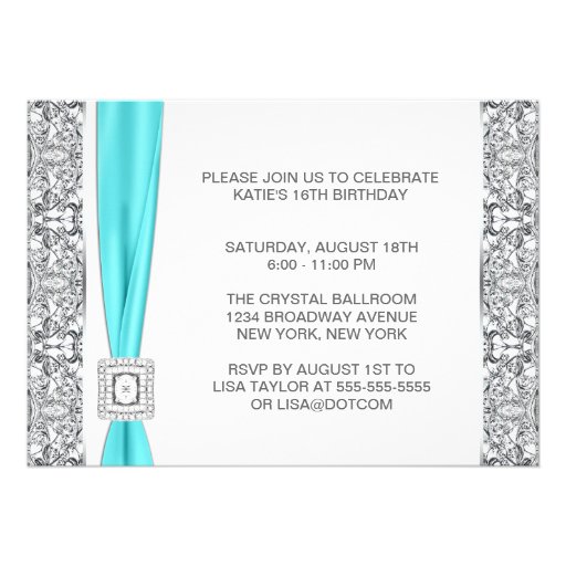 Teal Blue Silver Lace Sweet Sixteen Party Custom Invites