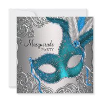 Teal Blue Silver Mask Masquerade Ball Party Custom Invites