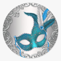 Teal Blue Silver Mask Masquerade Envelope Seal Fav stickers