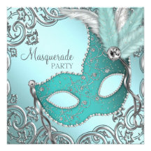 Teal Blue Silver Mask Masquerade Party Custom Invites