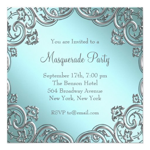 Teal Blue Silver Mask Masquerade Party Custom Invites