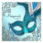 Teal Blue Silver Mask Masquerade Party Invitation