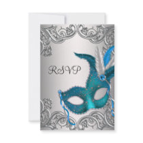 Teal Blue Silver Mask Masquerade Party RSVP Personalized Invitation