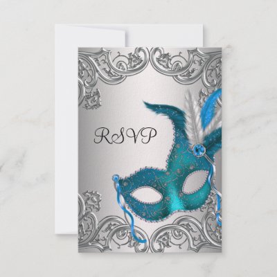 Teal Blue Silver Mask Masquerade Party RSVP Personalized Invitation
