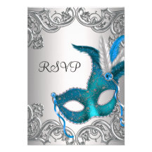 Teal Blue Silver Mask Masquerade Party RSVP Personalized Invitation