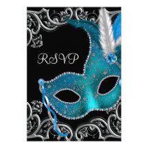 Teal Blue Silver Mask Masquerade Party RSVP Custom Announcements